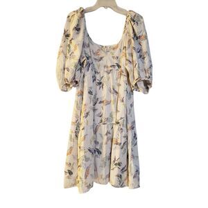 Millibon Womens Mini Floral‎ Pleated Dress M Puff Sleeve VNeck Pullover